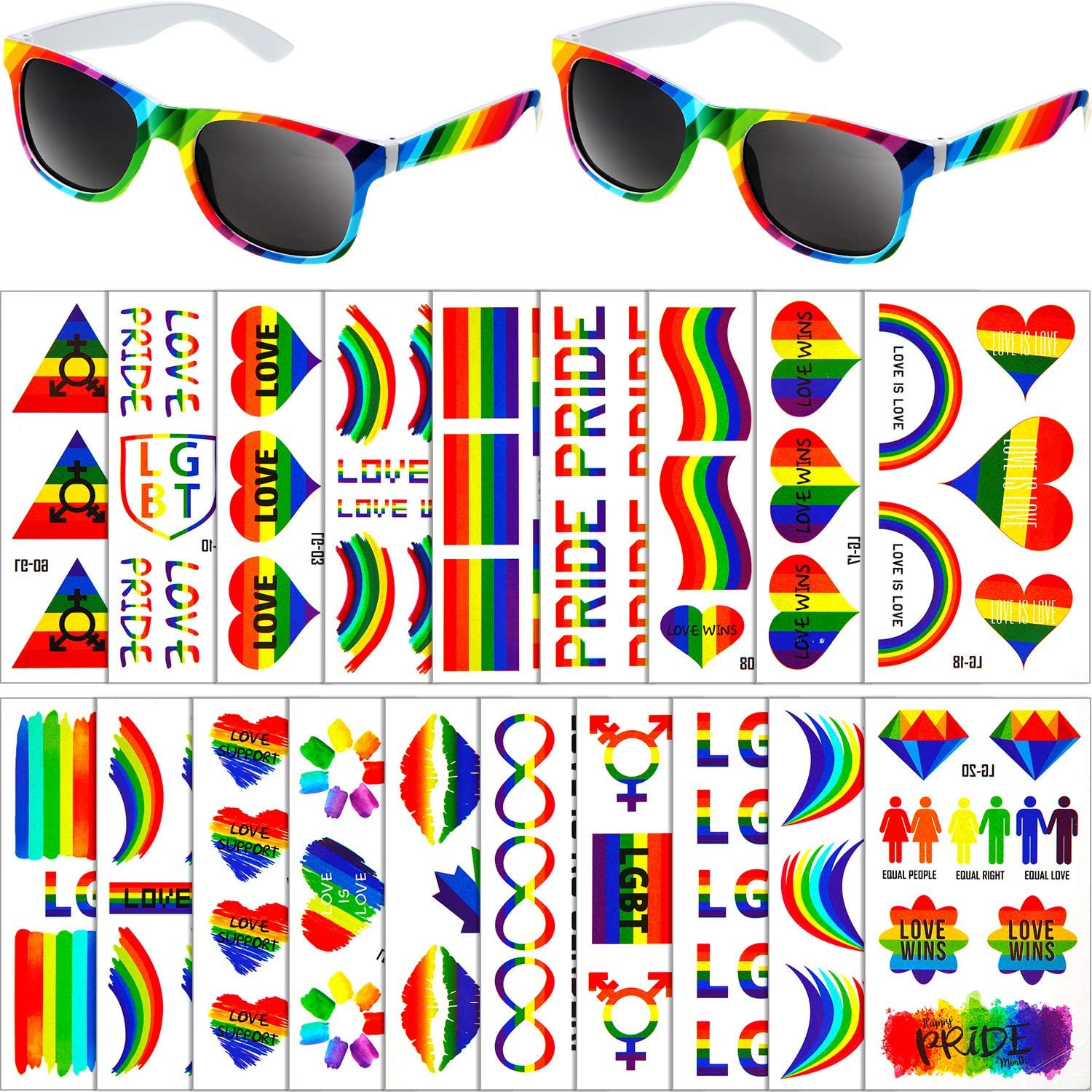 Frienda 20 Hojas Tatuajes Temporales de Arcoiris Pegatinas Impermeables de Corazón de Bandera y 2 Gafas de Sol de Estilo Arcoiris para Suministros de Fiesta Celebración de Desfile Hombre Mujer: Amazon.es: Ropa