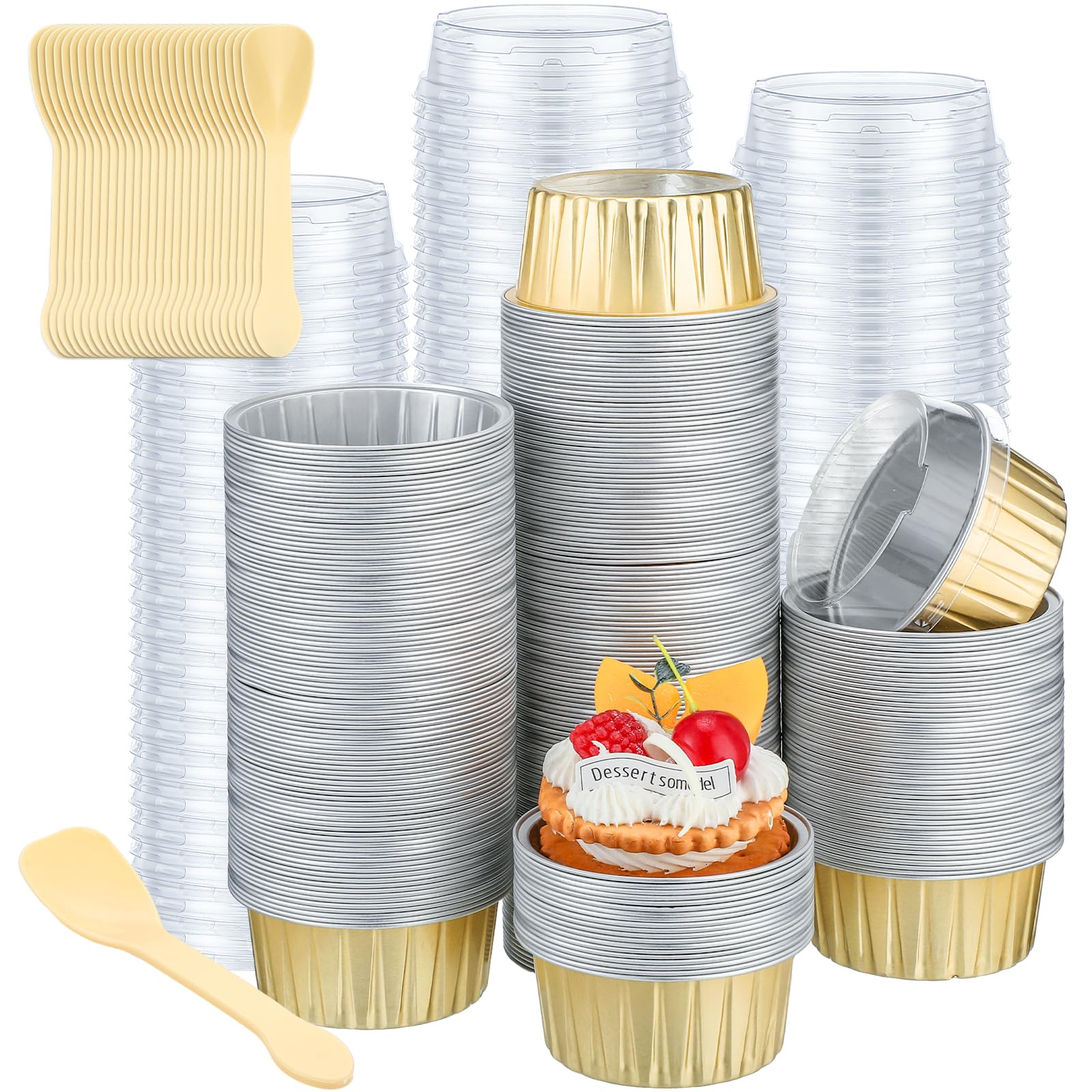 Photo 1 of Hushee 600 Pcs Aluminum Foil Baking Cups with Lids and Spoons 5oz Disposable Ramekins Dessert Muffin Creme Brulee Cupcake Liners Containers for Wedding Birthday Christmas Party(Round,Gold)