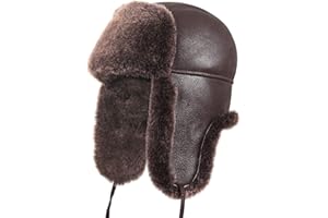 Zavelio Leather Aviator Shearling Ushanka Trapper Hat Russian Sheepskin Cap Real Fur Winter Hat with Ear Flaps for Men Women