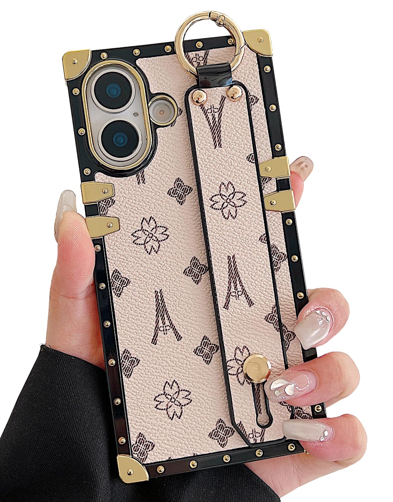Dropcases Compatible with iPhone 17 Case Luxury Designer for Women Girls,Rectangle Leather with Wristband Strap Kickstand Holder Protective Cover for iPhone Phone 17-6.3 inch (Beige)