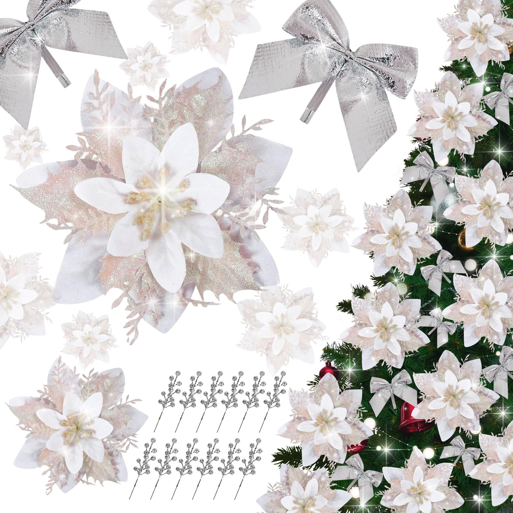 DEEMEI 12Sets Christmas Decorations Picks Glitter Poinsettia with Clips Stems Berries Bows Ornaments for Xmas Tree Wreath Garland Gifts Decor (White & Silver)