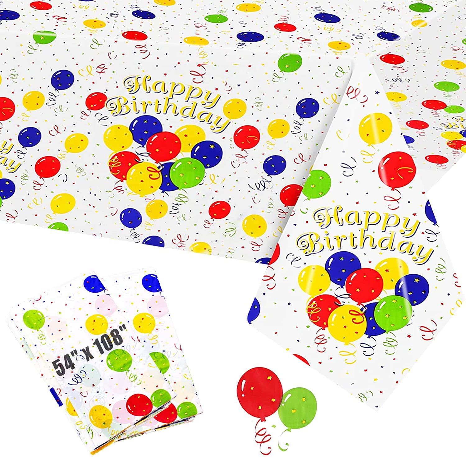 Abnaok Party Disposable Tablecloth, 2 PCS Happy Birthday Table Cover 108" x 54" Colorful Balloons Large Rectangular Plastic Tablecloth for Kids Boys Girls Baby Birthday Party Decorations
