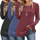Huukeay 3 Pack Women's Long Sleeve Sweaters Lightweight Crew Neck Tunic Tops with Thumb Holes Loose Ribbed Curved Hem Shirts