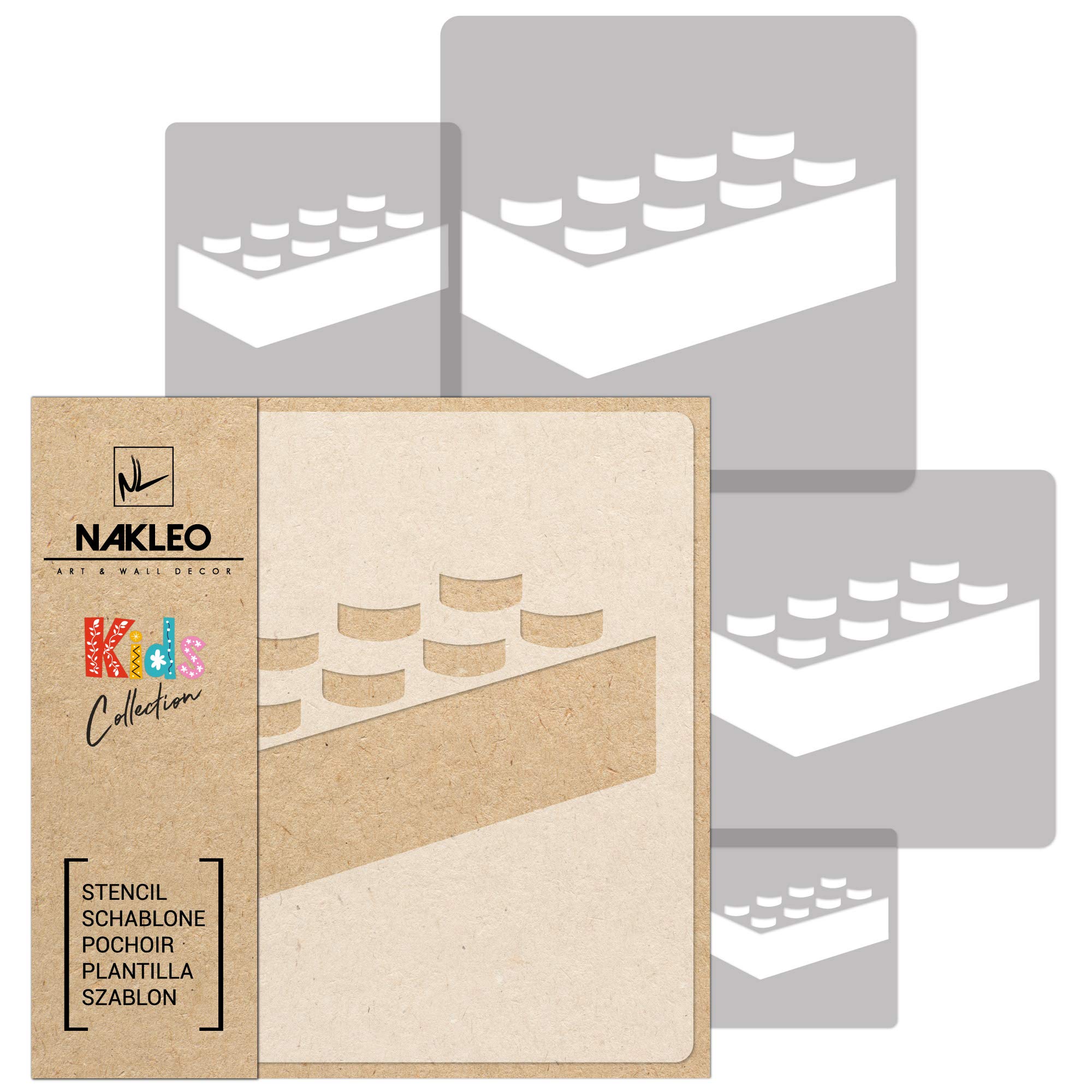 NAKLEO Painting Stencils Set for Nursery Room, 5 Pcs Templates 9x9 to 34x34cm Building Block Brick, Plastic and Reusable Drawing Stencils, Decor, Craft DIY Wall Furniture