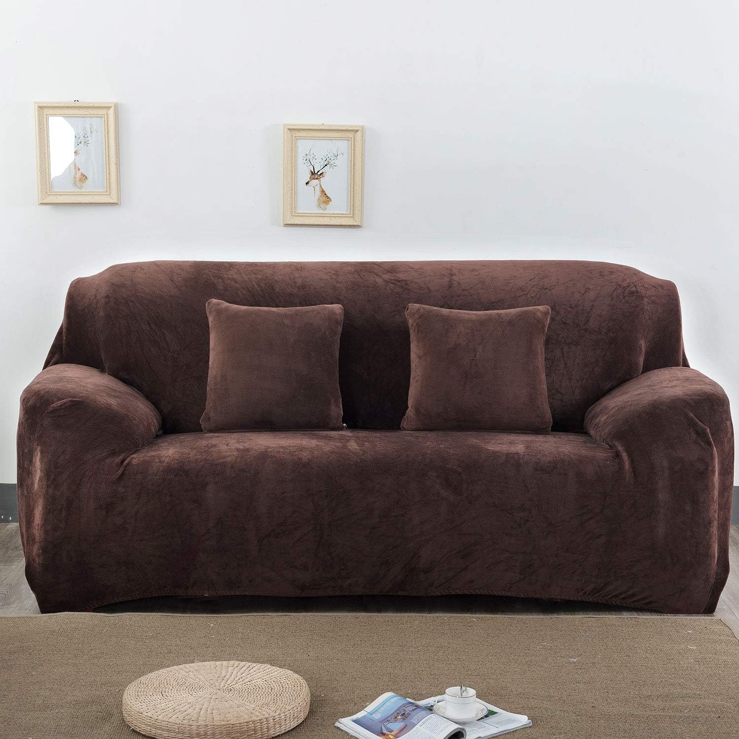 MIFI Seater Sofa Cover - Stylish Striped Pattern Sofa Cover - Cotton Sofa Cover & Protection from Dust, Stains, Dog & Cat Hairs. Seater Velvet Brown 3