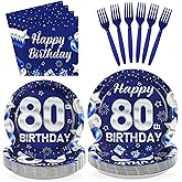 96Pcs 80th Birthday Party Decorations Blue and Silver Plates and Napkins Disposable Navy Blue Silver 80 Years Old Paper Tableware Set for Men Women 80th Birthday Anniversary Party Supplies Serves 24
