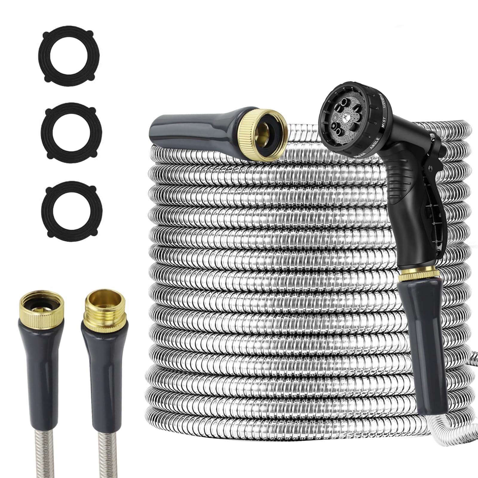 Photo 1 of AnyEasy Stainless Steel Garden Hose 50ft Heavy Duty Metal Water Hoses with 10 Function Water Hose Nozzles for Yard Outdoor