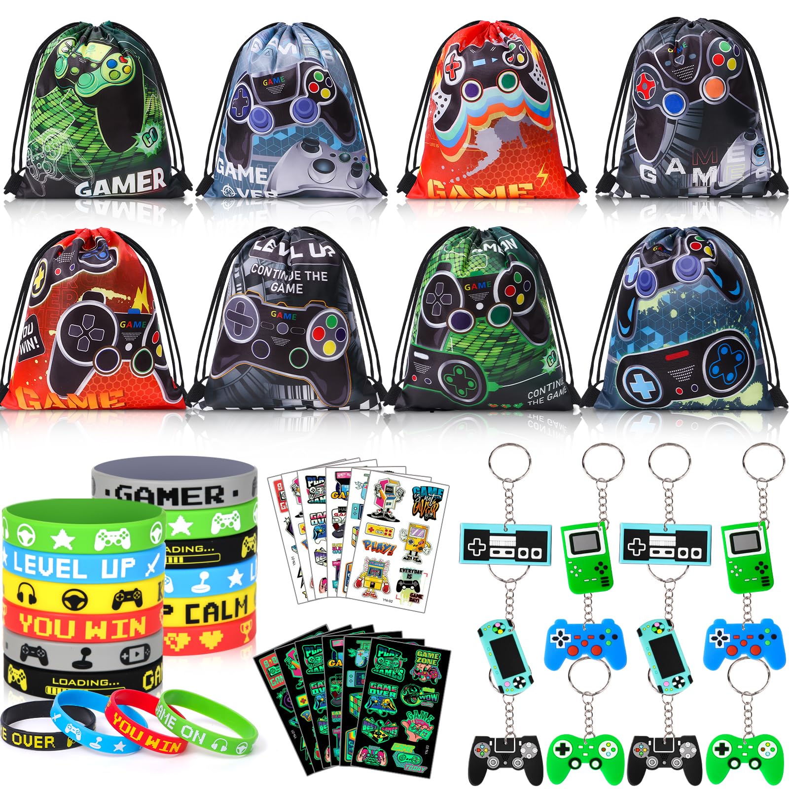 vamei 48pcs Gaming Party Bag Fillers with Miner Party Drawstring Bags Keychain Silicone Bracelet Tattoo Stickers Gamer Party Favours Miner Party Supplies Pinata Goodie Bag Fillers for Kids Boys
