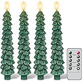 GenSwin Christmas Tree Flameless Taper Candles with Remote Timer, Christmas LED Taper Candles with 3D Flame, 4 Pcs Green LED Candlesticks for Christmas Home Decoration(0.78” x 9.8”)