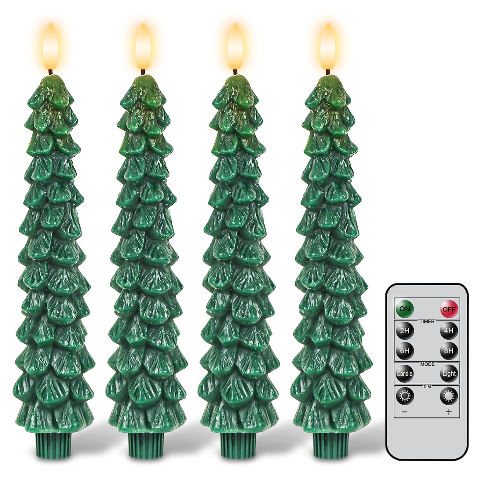 Photo 1 of ***MISSING REMOTE*** GenSwin Christmas Tree Flameless Taper Candles with Remote Timer, Christmas LED Taper Candles with 3D Flame, 4 Pcs Green LED Candlesticks for Christmas Home Decoration(0.78” x 9.8”)