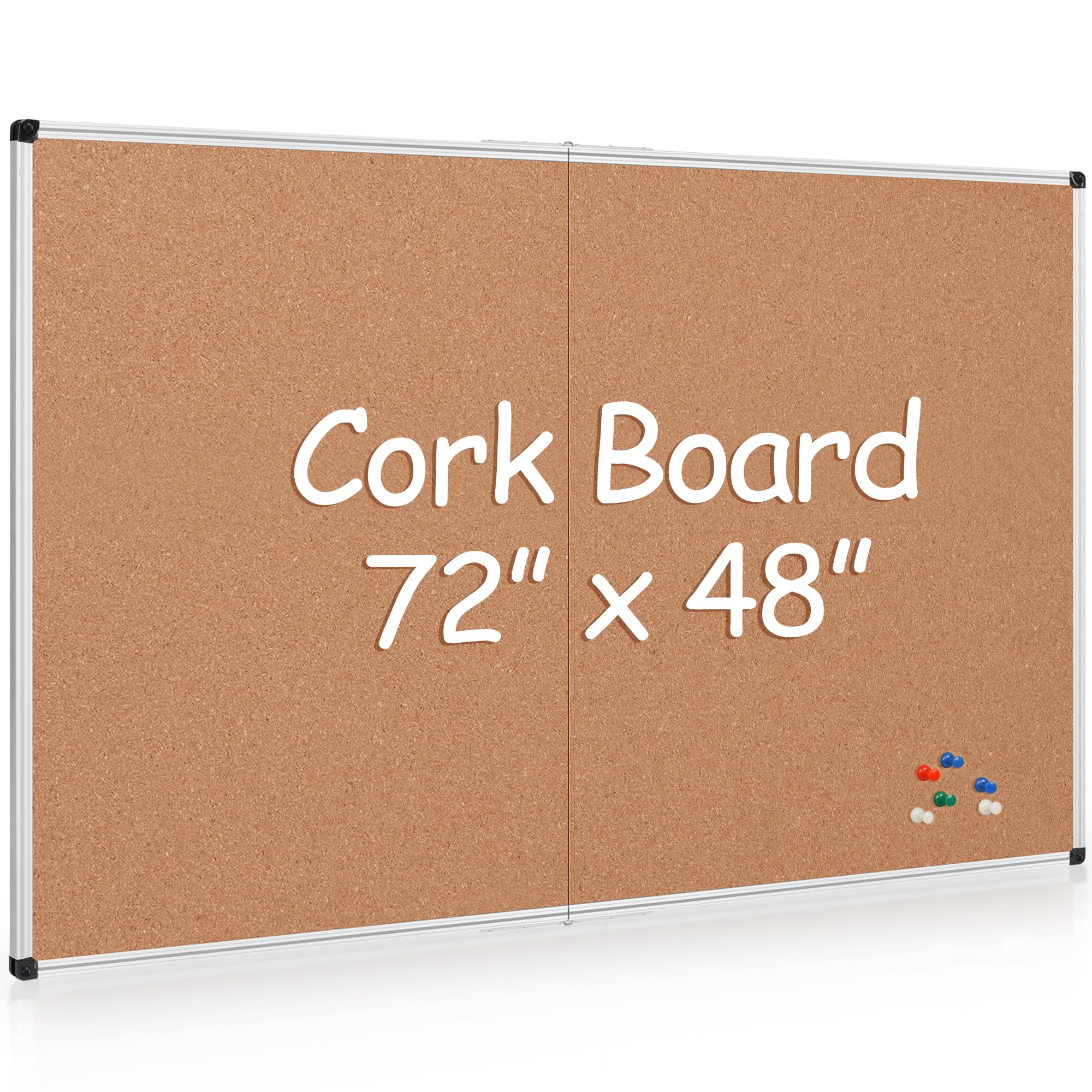 Board2by Extra Large Cork Bulletin Board 72" X 48", Foldable Notice Pin Board for Wall, Silver Aluminum Framed 6'x4' Corkboard, Wall Mounted Noticeboard with 36 Push Pins for School, Home & Office Image