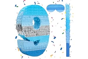 Birchio Number 9 Pinata Bundle with a Blindfold and Bat(16.2 x 11.4 x 4 Inches), Perfect for Boys and Girls Birthday Party Supplies, Blue Theme Birthday Decoration