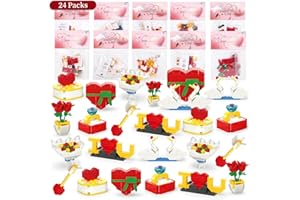 HOAROSALL 24 Pack Valentines Day Gifts for Kids Valentines Style Rose Heart Flower Building Blocks, Perfect Blocks Valentines Day Gifts for Kids Classroom, Party Favor for 3+ Year Old