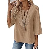 LOMON Womens 3/4 Sleeve Tops Cotton Linen Shirts V Neck Lace Casual Loose Fit Blouses Boho Fashion