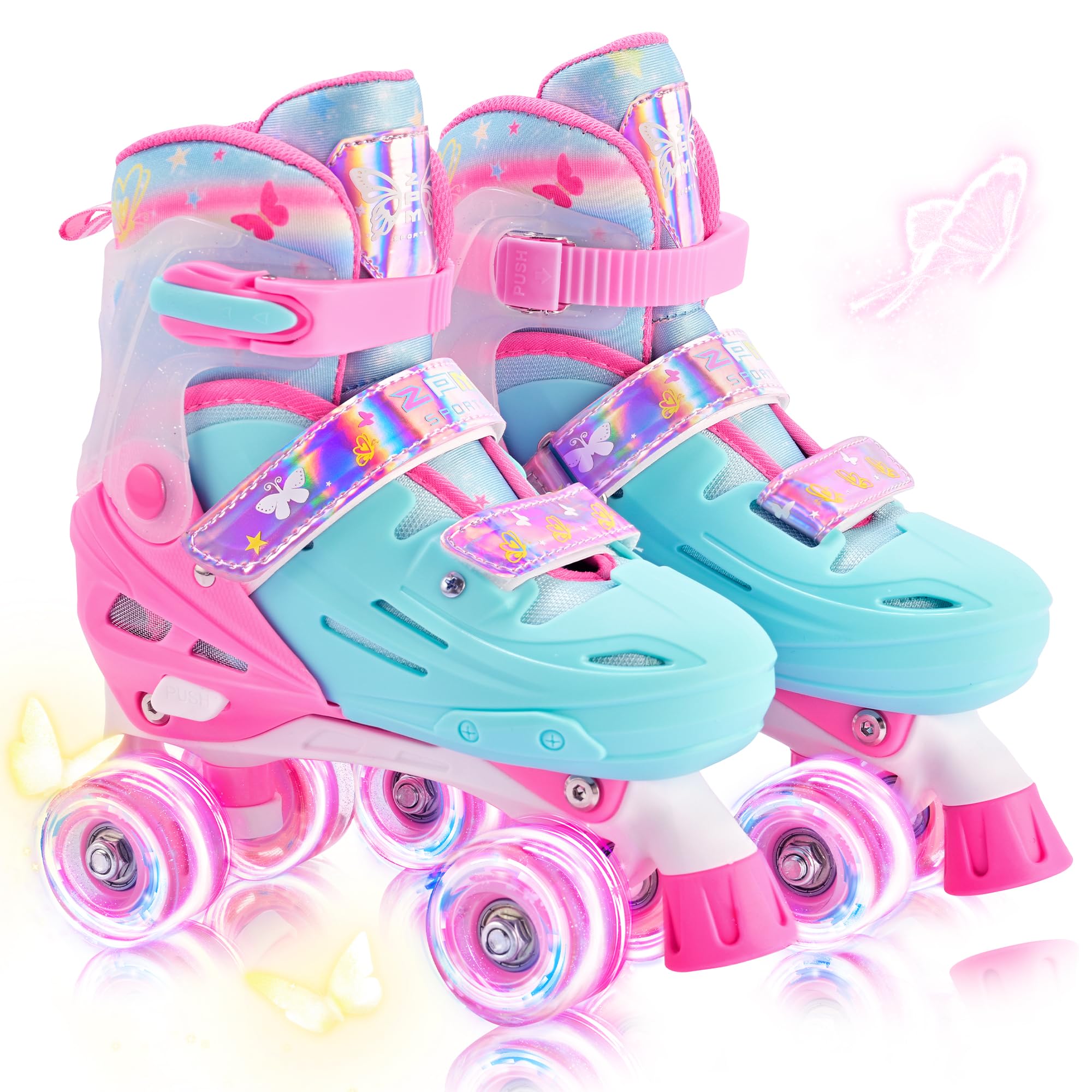 Photo 1 of 2PM SPORTS Adjustable Roller Skates for Girls Kids Ages 3-5 4-7 5-8 6-12 8-12 with Light Up Wheels, Outdoor Indoor Rollerskates for Kids Beginner Toddler Little Girl Youth Pink Green Butterfly
