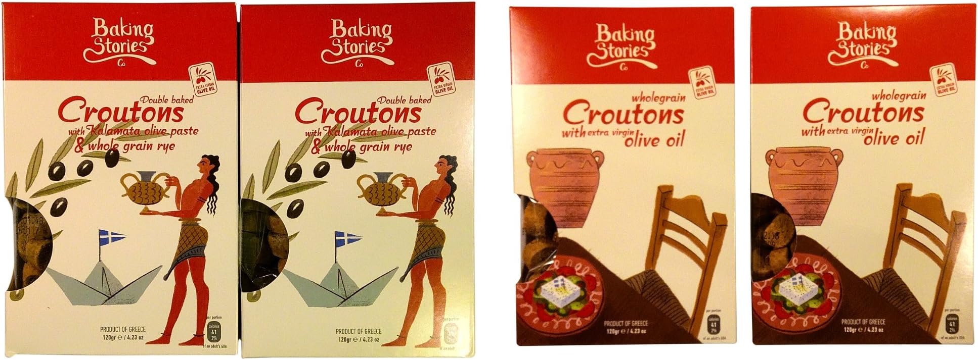 Greek Traditional Croutons, 2 Cretan Flavours Pack, one with Extra Virgin Olive Oil and one Wholegrain Rye with Kalamata Olive Paste, Net Weight 480g Carton Boxes.