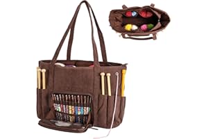 LOOEN Crochet Bag Organizer, Large Capacity Yarn Storage Bag, Portable Corduroy Knitting Bag and Totes for Travel, Used to Organize Yarn, Crochet Hooks, Ideal Gift for Crochet Lovers(Brown)