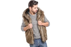Men's Faux Fur Hooded Vest Coat Fluffy Furry Waistcoat Jacket Winter Warm Open Front Cardigan Plush Outerwear