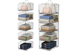 Jakyitvi 5-Tier Stackable Closet Organizer Shelf – Foldable Metal Storage Bins for Clothes, Sweaters & Towels | Stylish Black Wire Baskets for Bedroom, Wardrobe, Dorm or Entryway