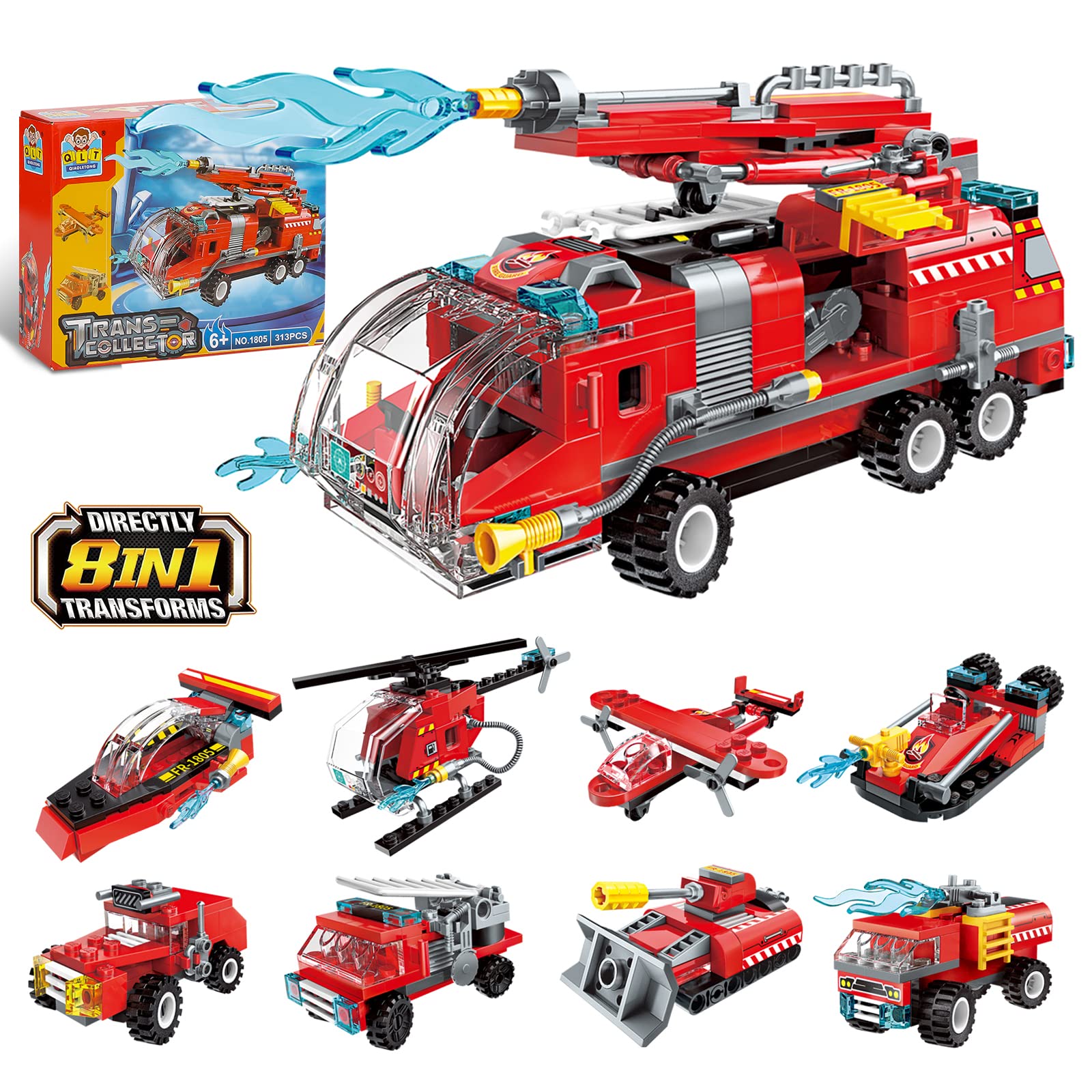 City Fire Truck Building Kit, Kompatibel mit Lego City Fire Truck 8-in-1- Klemmbausteine Baustein, Helicopter Toys Building Sets für Erwachsene 14+