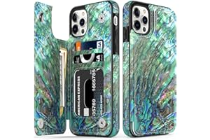LETO for iPhone 13 Pro Case,Flip Folio Leather Wallet Cover with Fashion Flower Designs for Women,Built-in Card Slots Kickstand Protective Phone Shell 6.1" Green Oyster Shell
