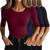 Neer 3 Pack Women's Scoop Neck Ribbed Tops Half Sleeves Shirts Slim Fitted 1/2 Sleeve Causal Basic Knit Tee