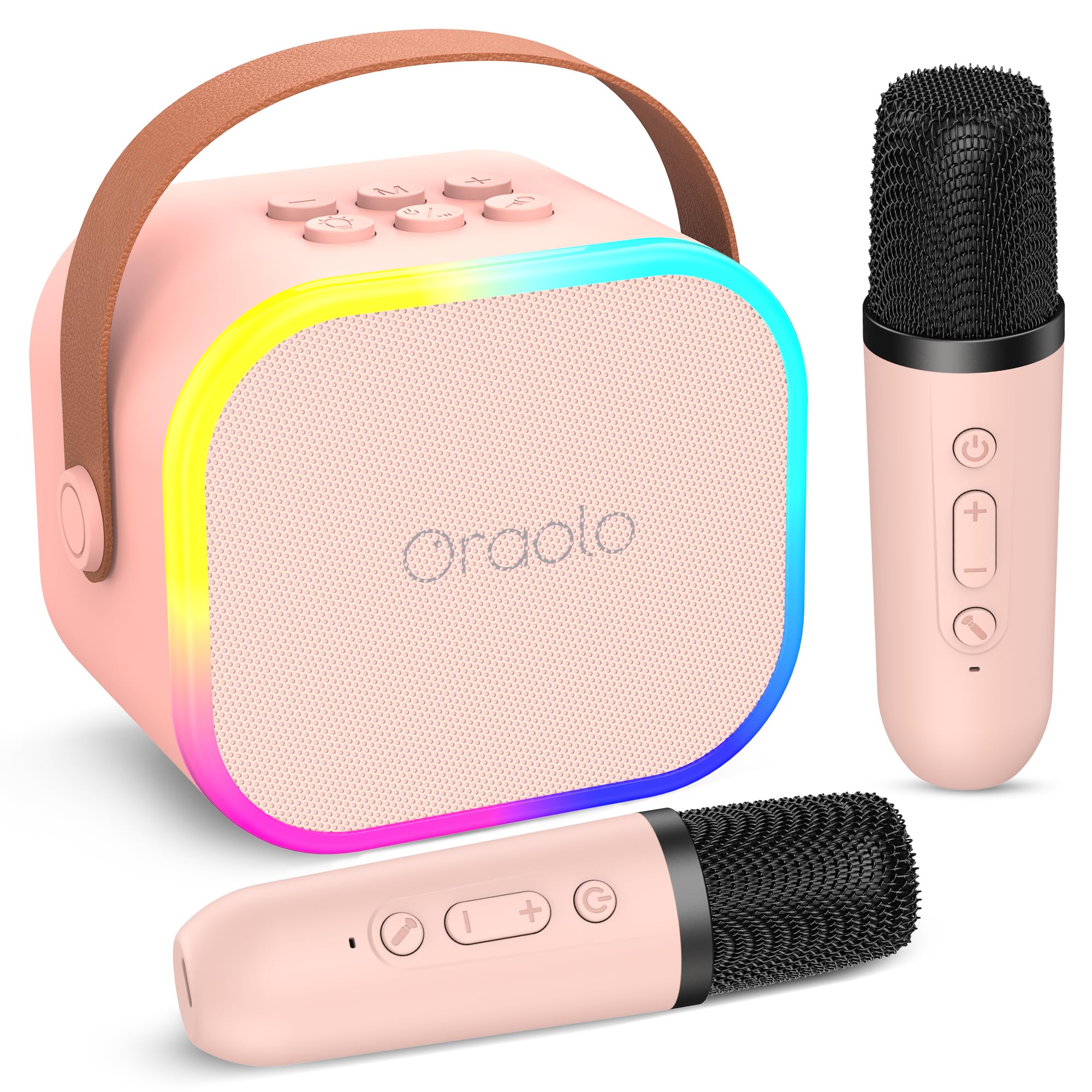 Photo 1 of Oraolo Karaoke Machine with 2 Wireless Microphones, Portable Mini Karaoke for Kids, Funny Magical Sound Modes, Speaker Support Multi-Channel Connection, Birthday Gifts for Girls Boys