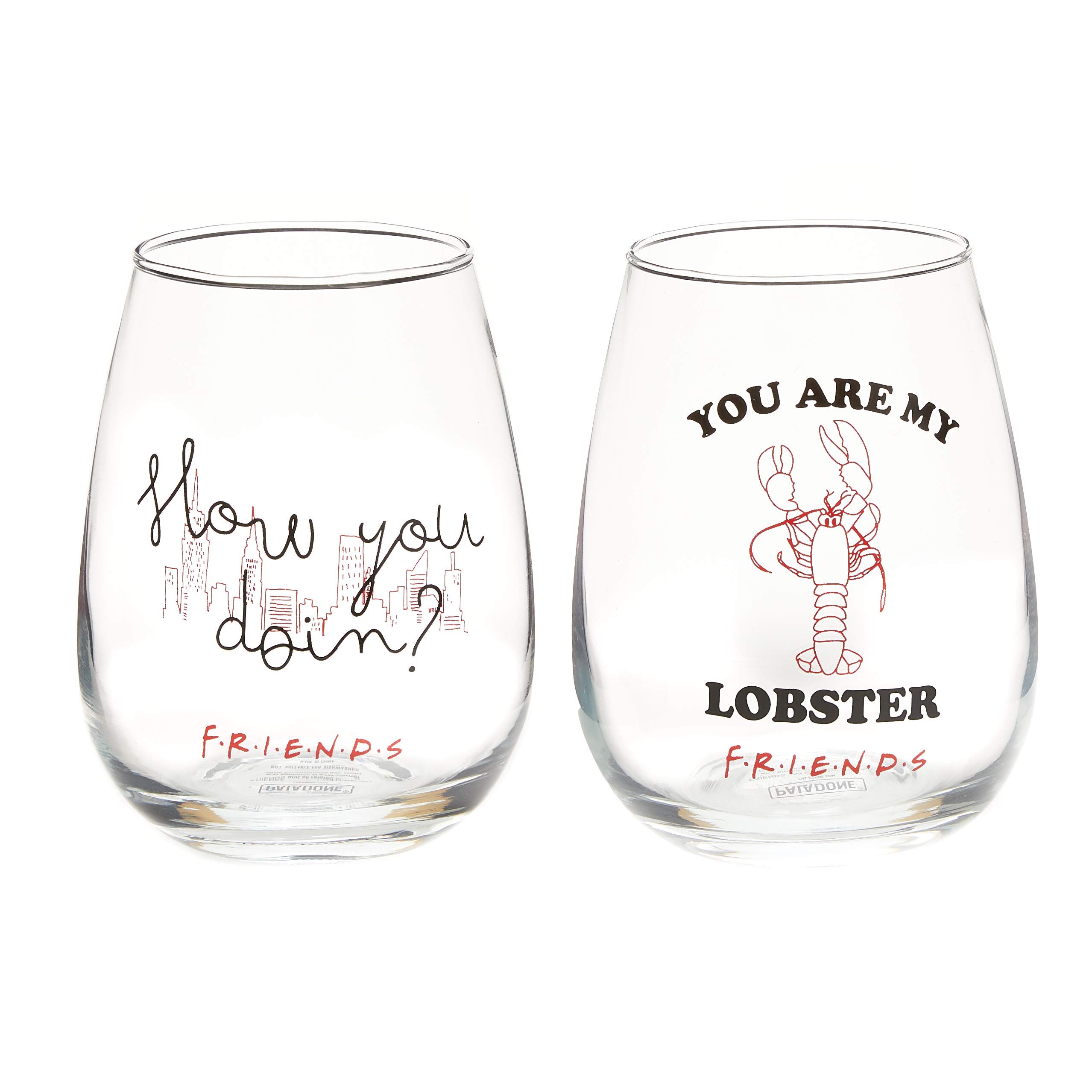 Paladone Friends Set of 2 Glasses, Stemless Wine Glasses - You are My Lobster, How You Doin