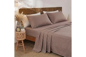 Merryword Brown Pinstripe Sheet Set Queen Size - 100% Cotton Striped Bedding 4 Pieces, Soft Breathable Percale Weave, 17.5” D