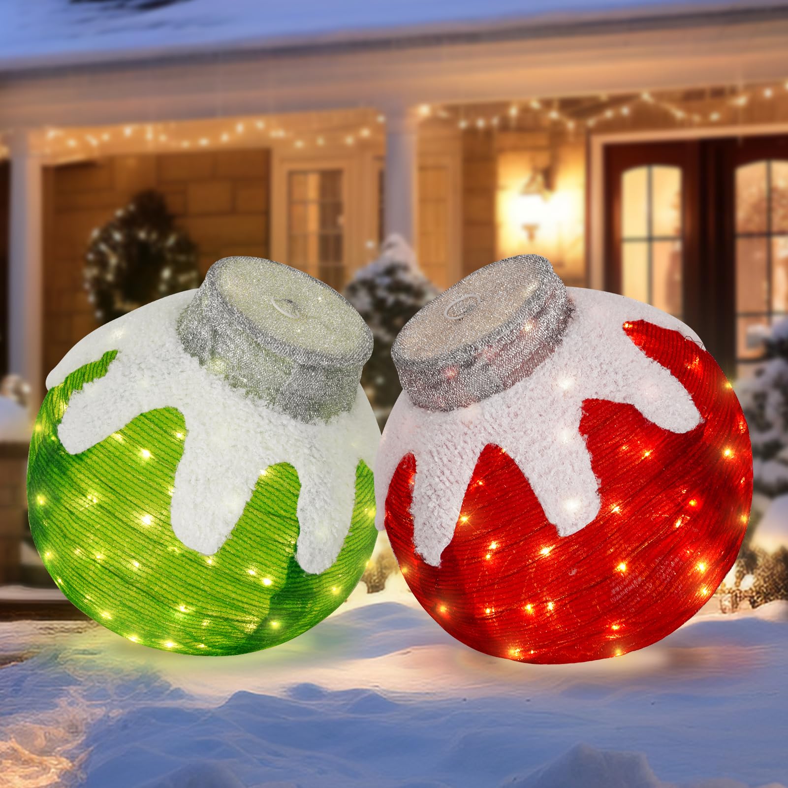 Photo 1 of BRIGHTDECK 2 Pcs Outdoor Christmas Ornaments, Lighted Pop-Up Outdoor Holiday Ball Decoration with 80 LED Lights, 8 Light Modes, Lighted Collapsible Holiday Decorations for Yard, Home (RedGreen)