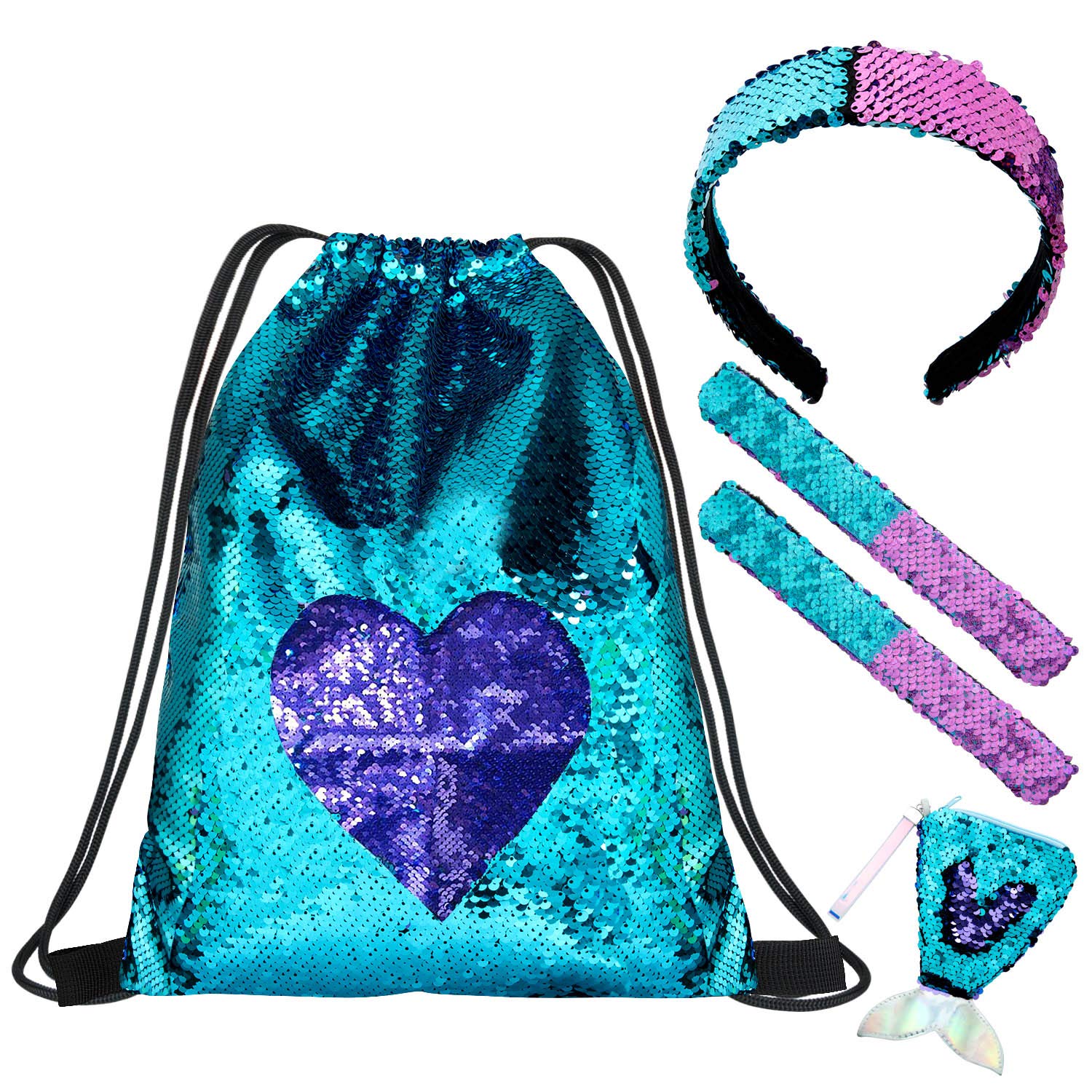 Comius Sharp Mermaid Sequin Bag 5 Pcs Mermaid Drawstring Backpack Sequin Mermaid Set Mermaid Drawstring Sequins Backpack Bag with Slap Bracelets, Headband and Sequin Coin Purse for Women, Girls