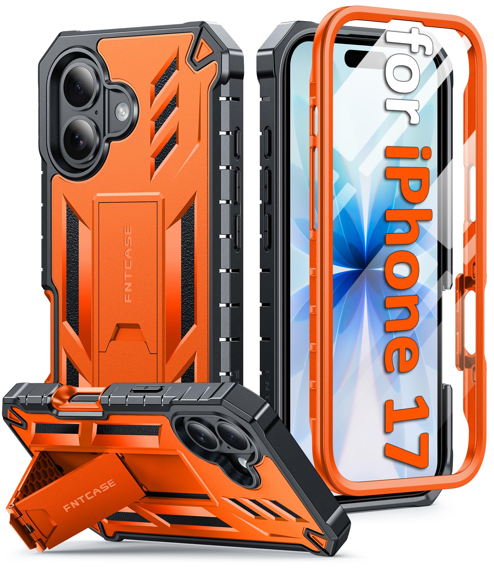 Photo 1 of FNTCASE for iPhone 17 Phone Case: Military Grade Drop Proof Protection Mobile Cover with Kickstand | Matte Textured Rugged Shockproof TPU | Protective Sturdy Phone Case - 6.3 inch Orange