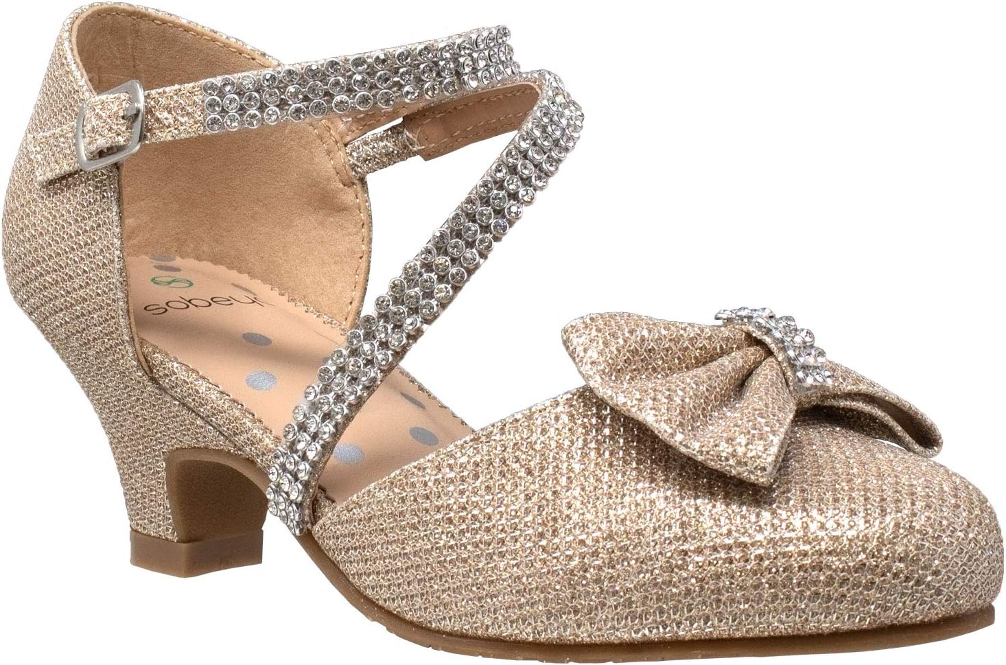SOBEYO Girls Dress Shoes Rhinestone Bow Accent Kitten Low Heel Sandals