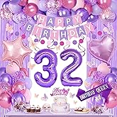 32nd Purple Birthday Decorations for Women, Pink and Purple Happy 32 Birthday Party Decorations with Happy Birthday Banner, Number Foil Balloons, Butterfly Cake Topper for 32nd Party Supplies