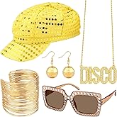 KICOSY 70s Disco Costume Accessory Set - Sequin Hat, Retro Sunglasses, Cuff Bracelet, Disco Ball Earrings &amp; Necklace