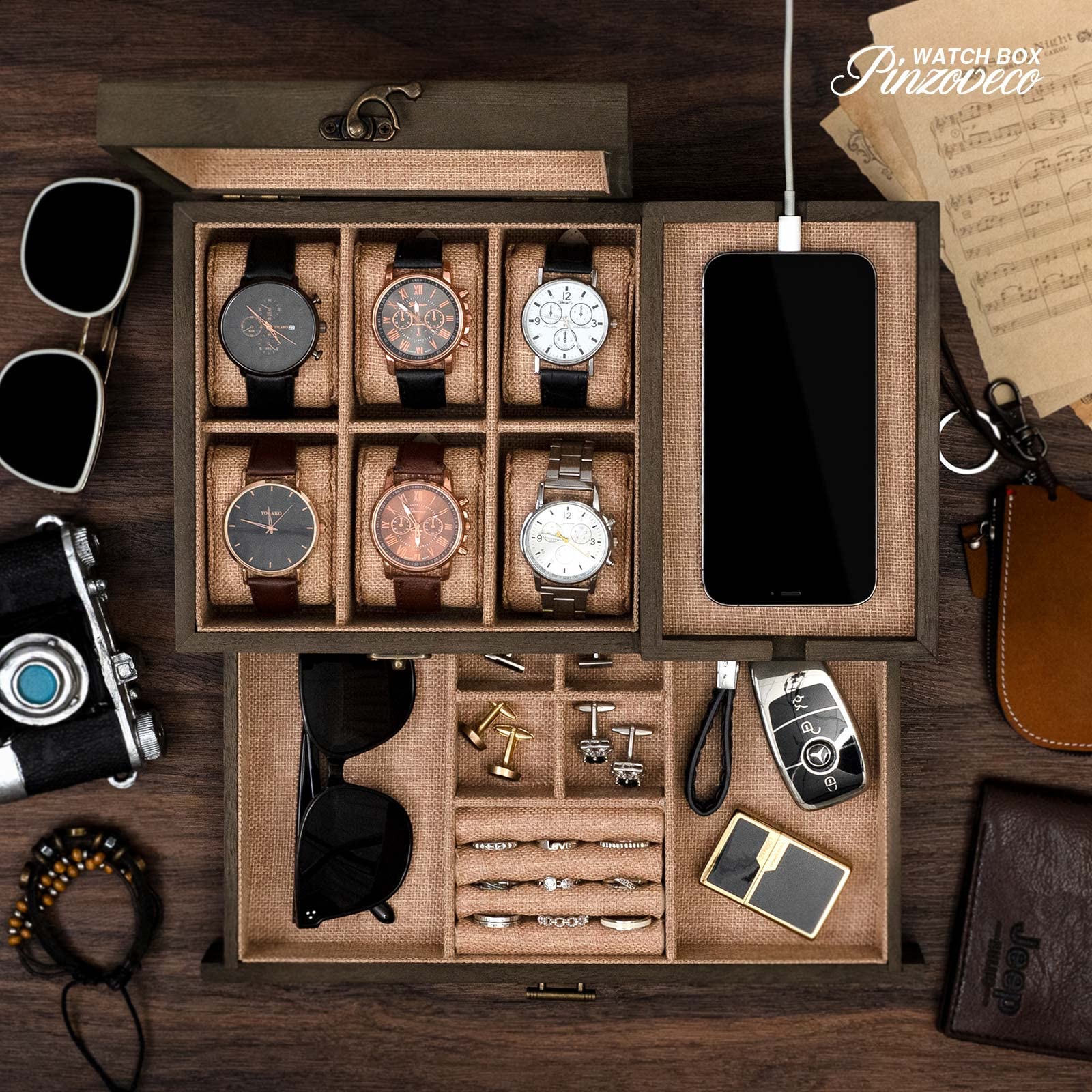 Pinzoveco Watch Box Organizer for Men, 6 Slot Mens Jewelry Box Display & Storage Watch, Solid Wood Watch Case for Men, Gift for Boyfriend Fathers Day Birthday Gifts (Weathered Gray)