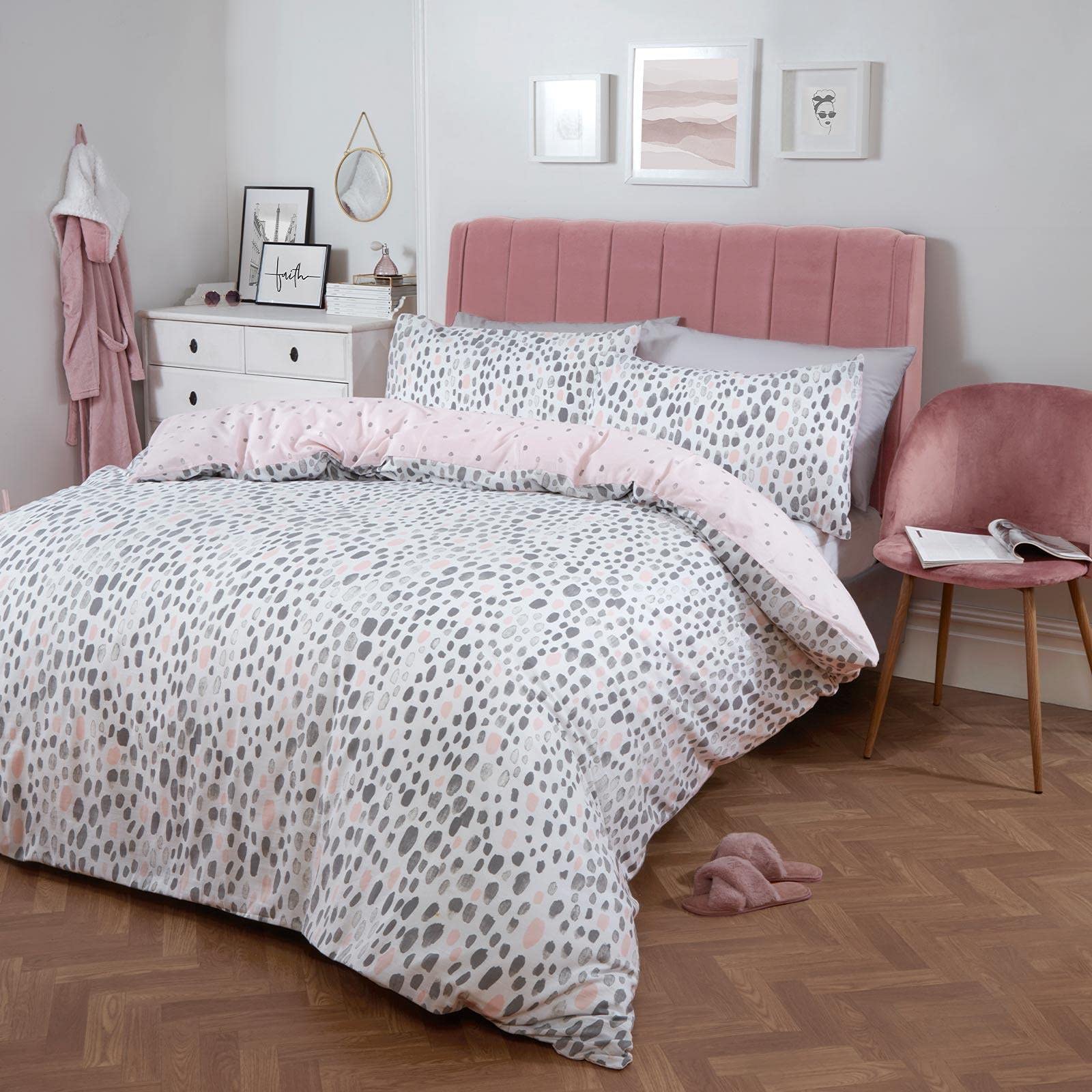 Dreamscene Dalmatian Spotty Duvet Cover with Pillowcase Quilt Bedding Set, Blush Grey - Double