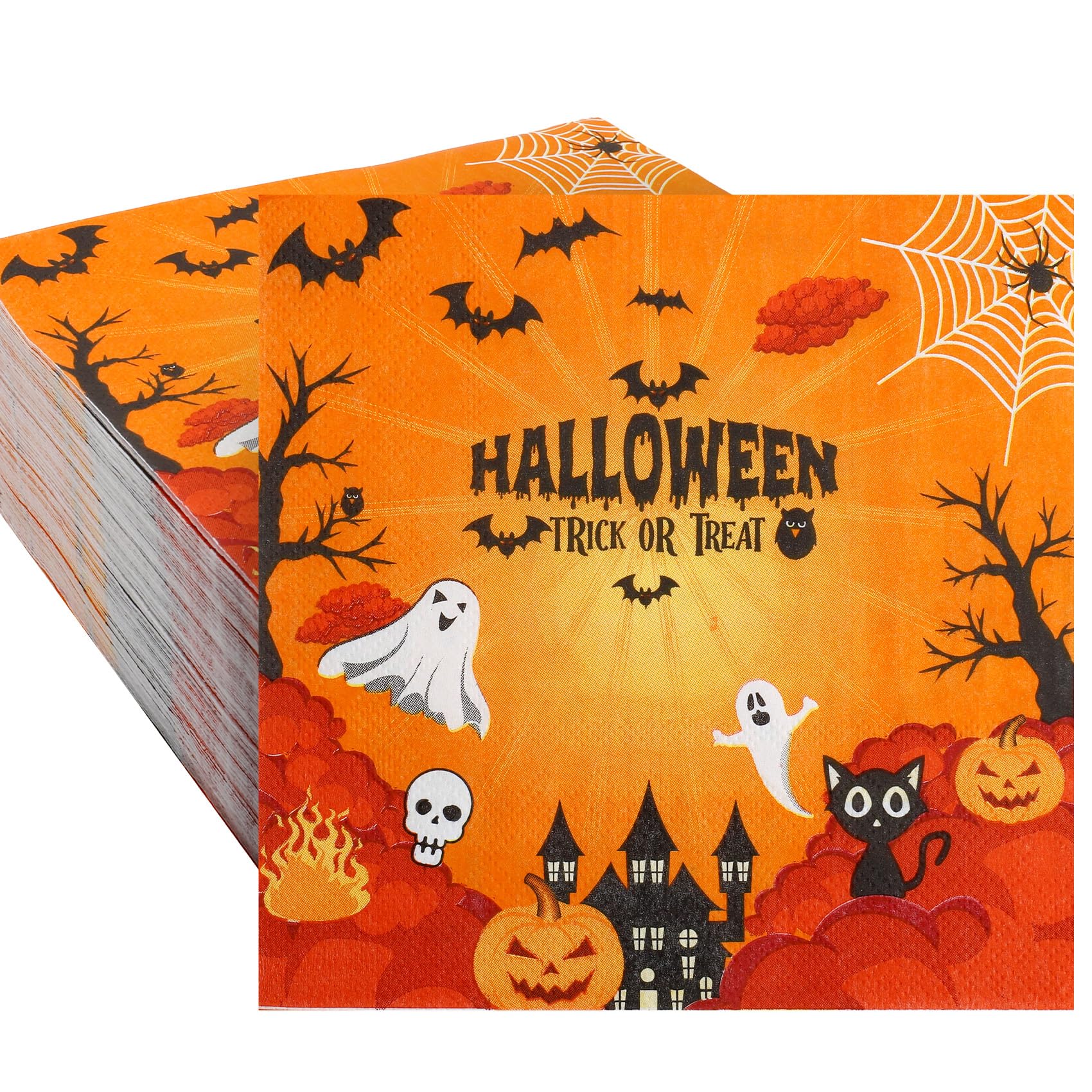 Photo 1 of 100 Pack Halloween Napkins Disposable,Halloween Cocktail Napkins - Orange Pumpkin,Cat,Spider Web Yellow Napkin for Dinner Party Decorative - Trick or Treat Events & Haunted House Partiesrties