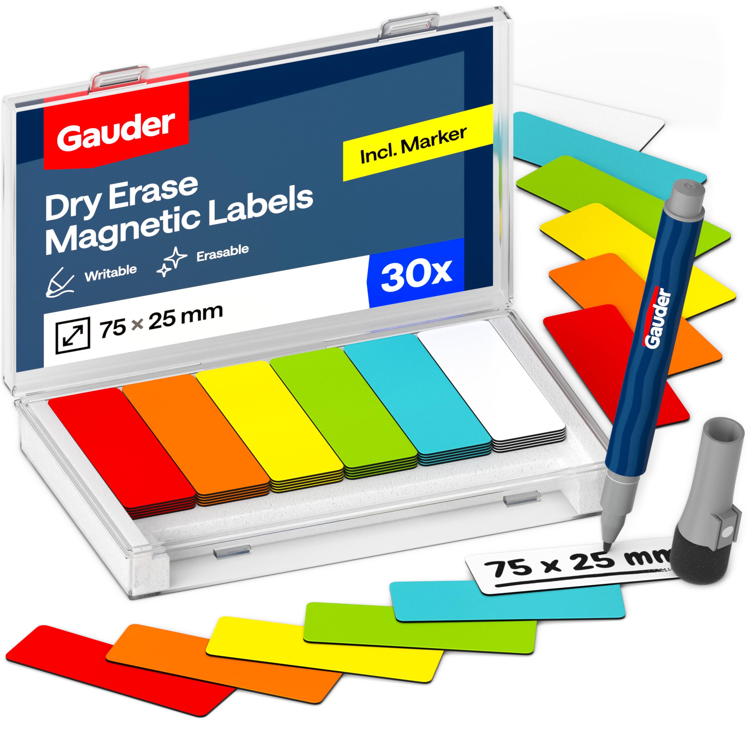 GAUDER Magnetic Labels Writable - Reusable Magnetic Tags for Whiteboard, Blackboard, Kanban Board and Fridge - Magnet Cards with Marker (30 Pieces - 75 x 25 mm)