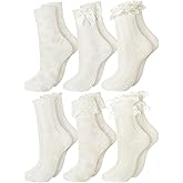 Fourluoo 6 Pairs Ruffle Socks Women Frilly Lace Ankle Socks Cream Lolita Princess Bow Breathable