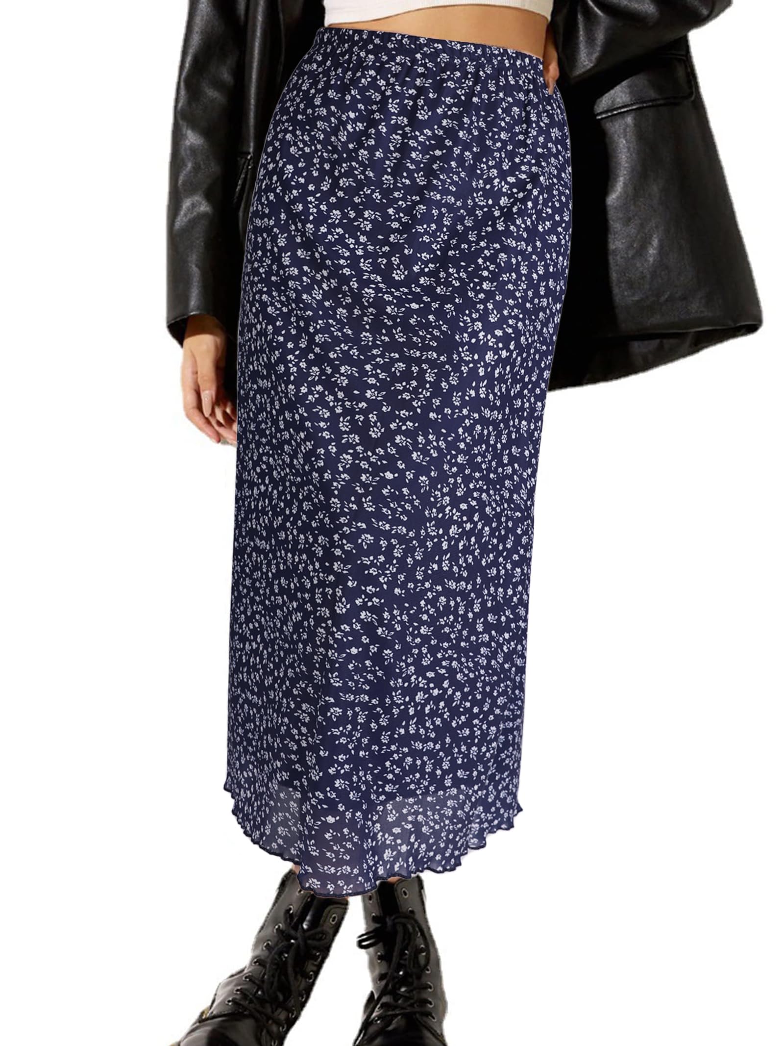 View 1 of Avanova Women Floral Boho Print Mesh Midi Skirt High Waist Lettuce Trim Long Straight Skirt Blue Floral A Medium