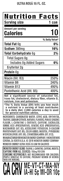 MONSTER ENERGY ULTRA ROSA, SUGAR FREE ENERGY DRINK, 16 OUNCE
