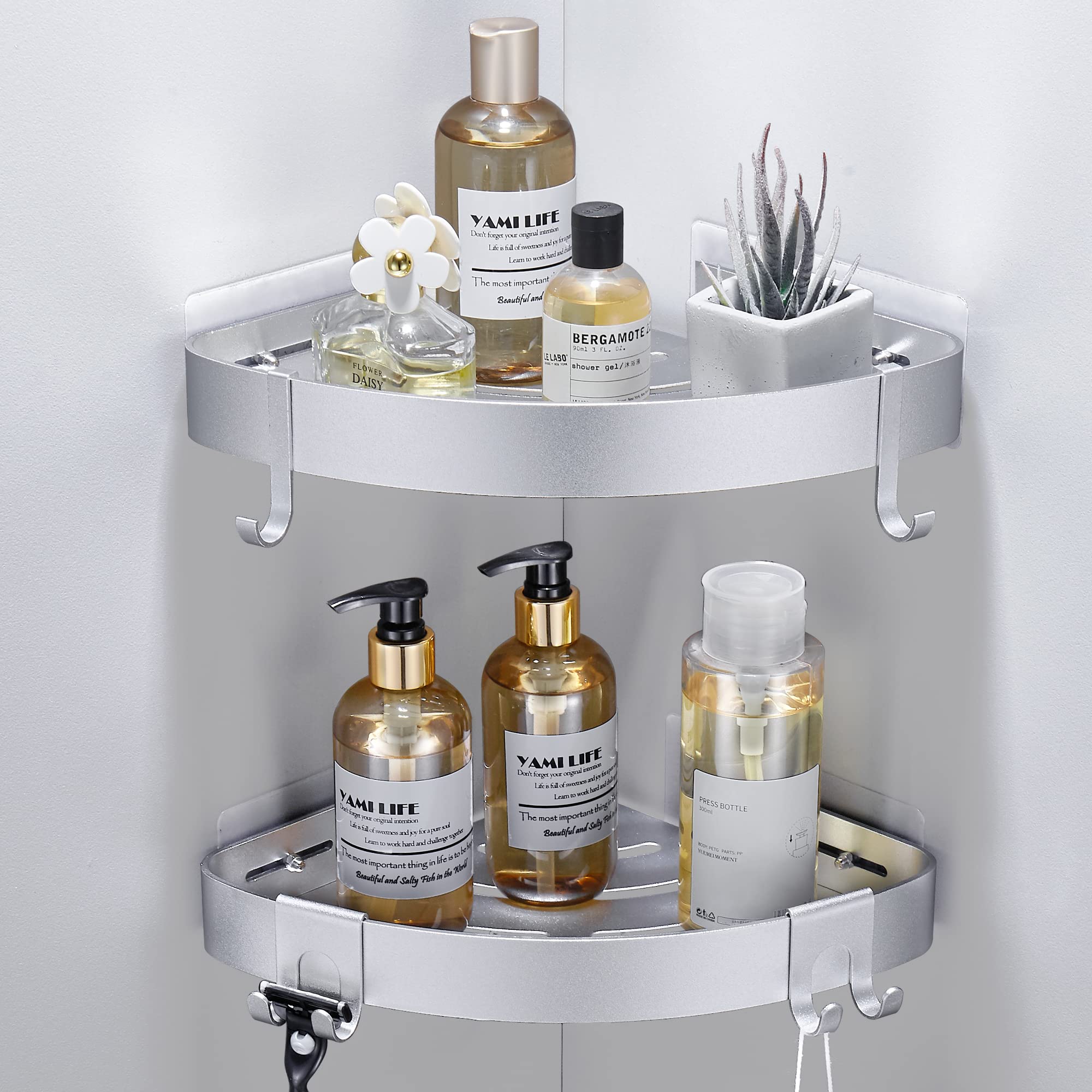 Photo 1 of DUFU Adhesive Corner Shower Caddy with Hooks,Bathroom Shower Organizer, No Drilling Rust Proof Aluminum Shower Shelf for Inside Shower 2 Pack (Silver)
