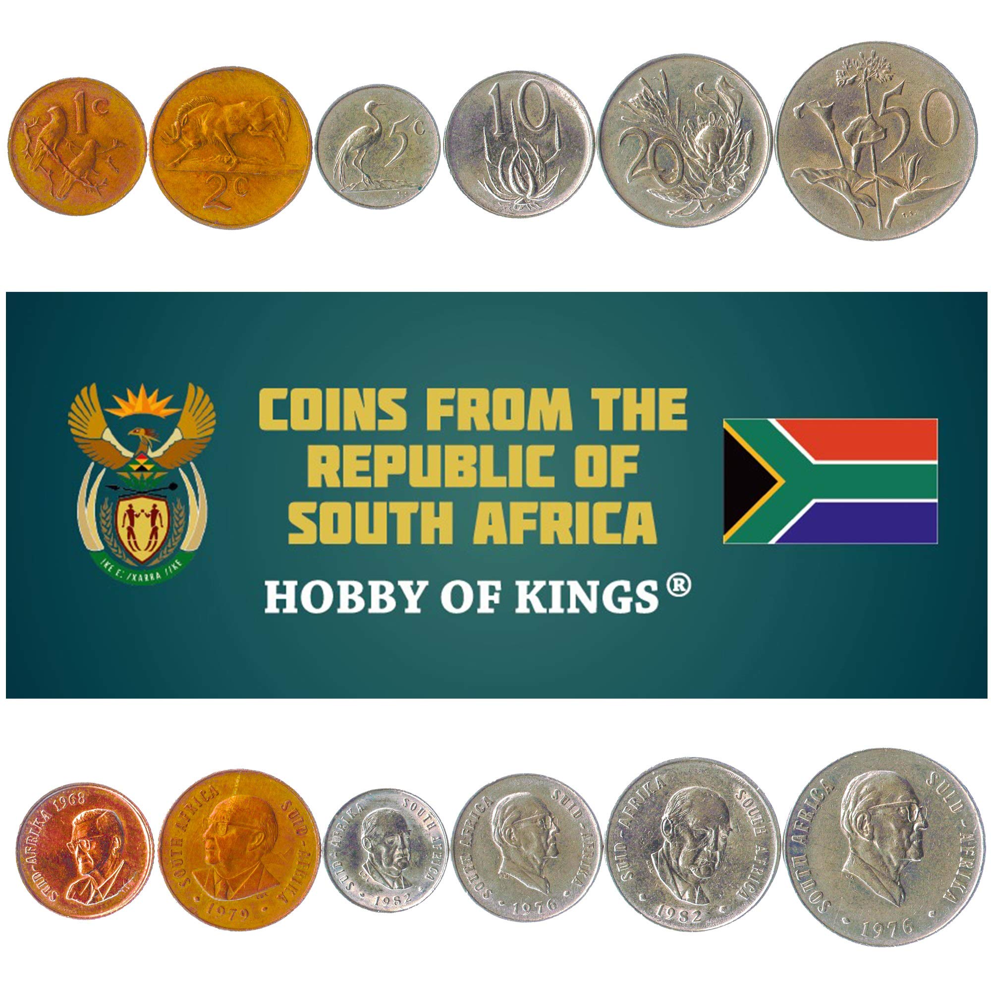 SET OF 6 COMMEMORATIVE COINS FROM SOUTH AFRICA, 1, 2, 5, 10, 20, 50 CENTS, 1968-1982