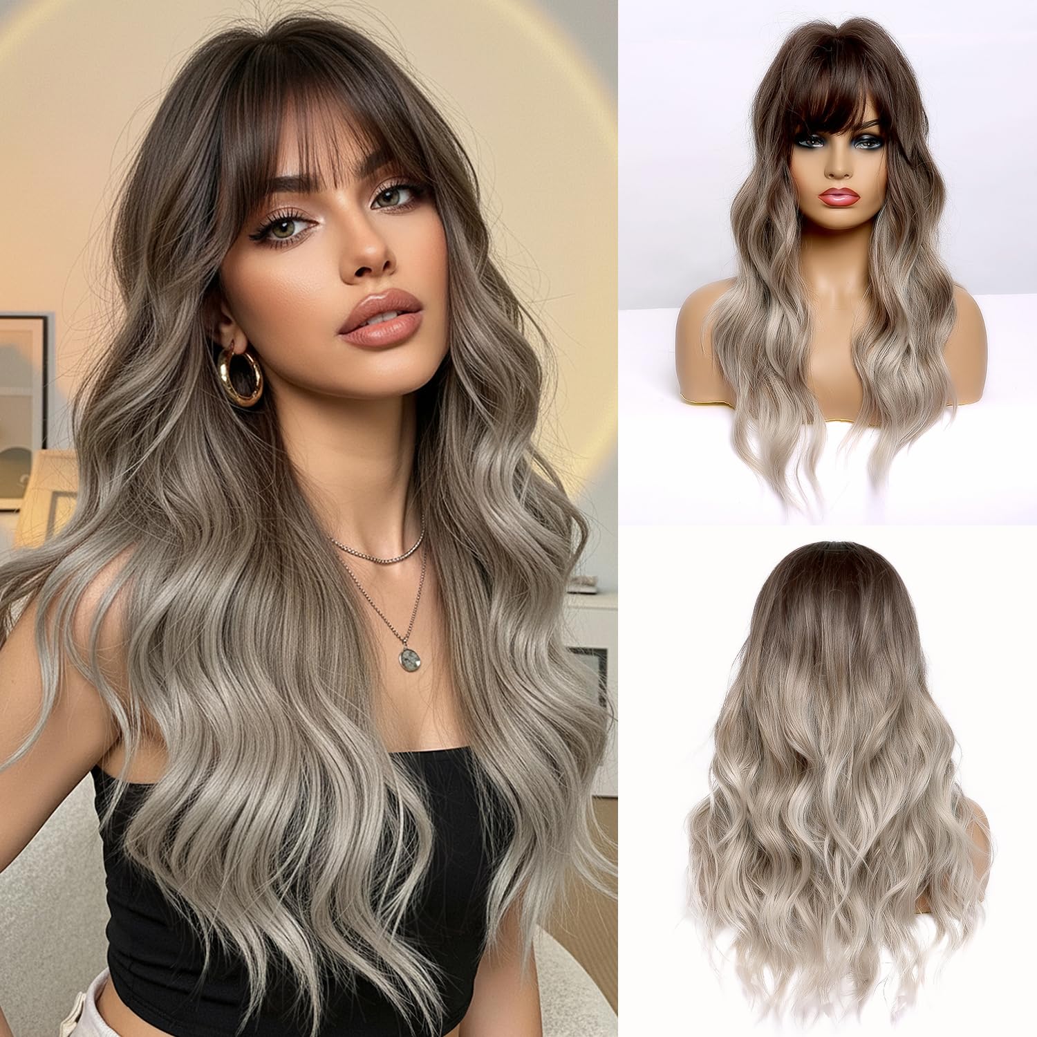 Esmee 24 Inches Ombre Brown to Gray Wigs for Women atural Synthetic Hair Heat Resistant Long Wavy Wigs with Fringe for Daily Party Cosplay Wear