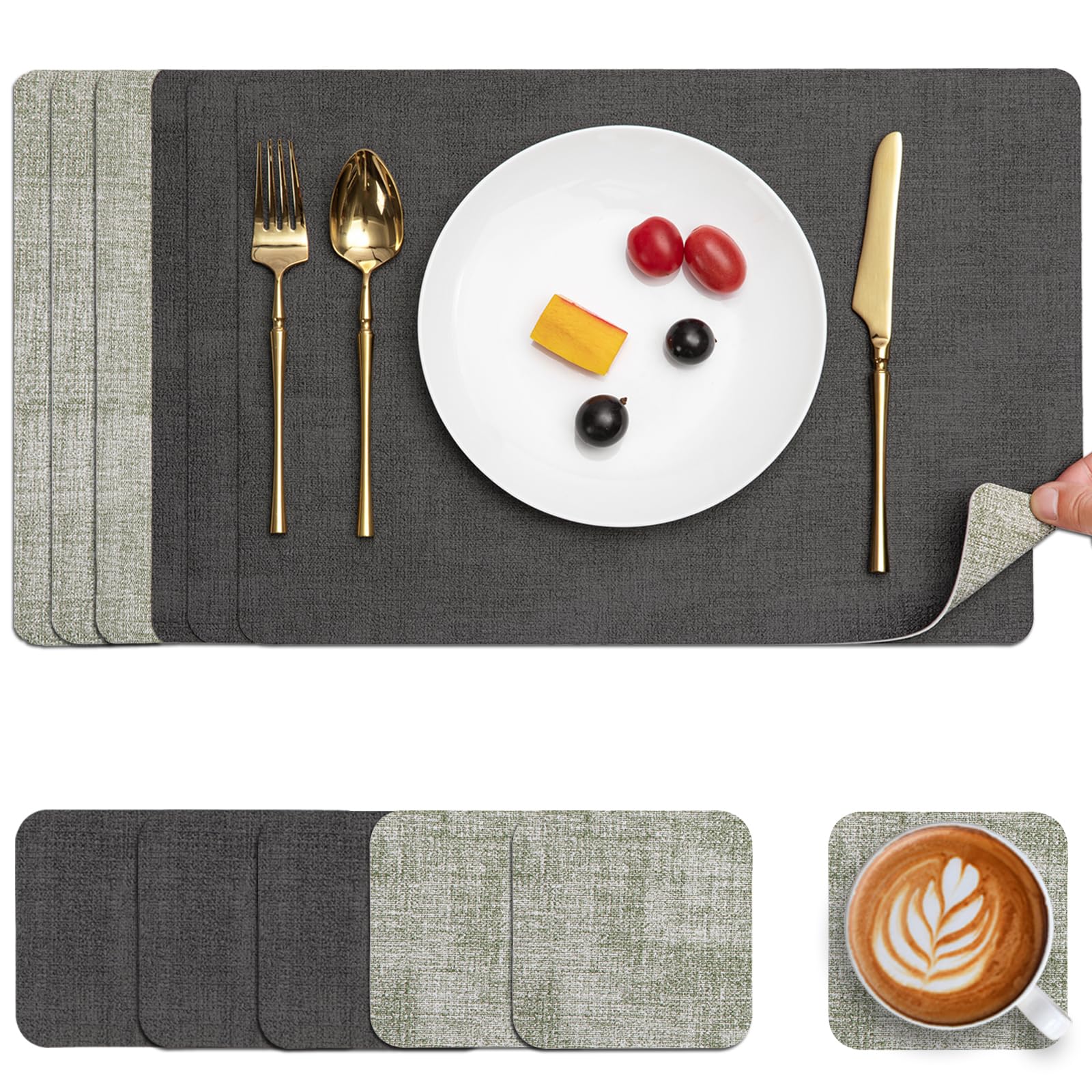 Myir JUN Placemats and Coasters Set of 6, Place Mats Dual Sided Faux Leather Table Mats PU Indoor Outdoor Heat Resistant Placemat Square Non Slip Wipeable Washable Dining Restaurant