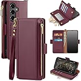 Antsturdy Compatible with Samsung Galaxy S25 FE 5G Wallet Case with Card Holder,PU Leather Phone Case Flip Protective Cover RFID Blocking Wrist Strap Credit Card Slots Kickstand Men Women,Wine Red