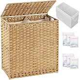 SETVSON Laundry Hamper with Lid Wicker Laundry Basket 112L, Natural | Large Family Clothes Sorter Trunk with Lid, 3 Compartment Washable Liners, 6 Mesh Bags, Collapsible Steel Frame