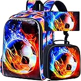 KLFVB 3PCS Kids Backpack, 17" Boys Football Bookbag and Lunch Box, Water Resistant Teenagers School Backpacks for Middle Elementary - Flame Soccer