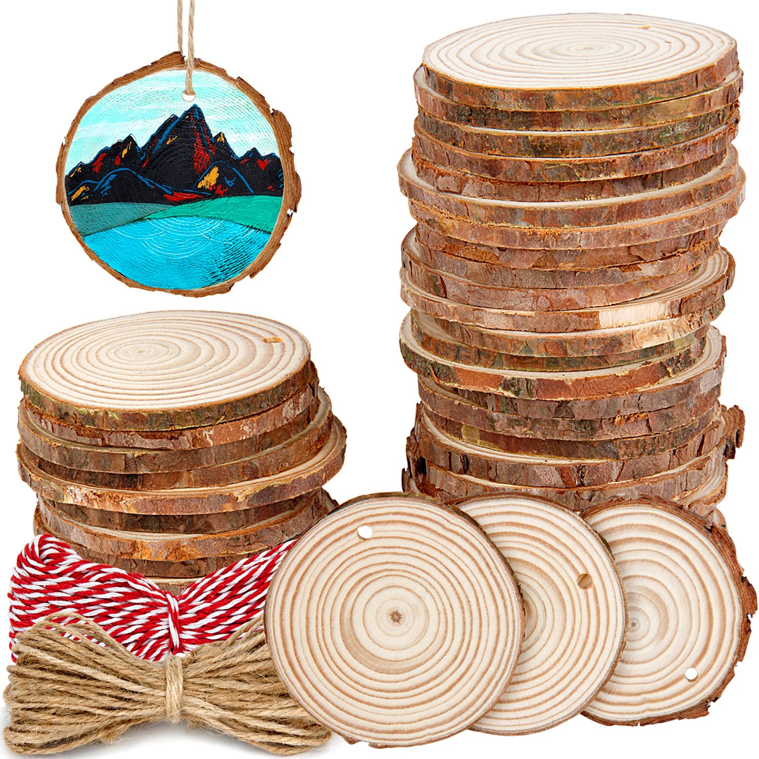 Photo 1 of 100 Pieces 2.4"-2.8" Natural Wooden Slices, Colovis Unfinished Wood Circles with Holes Tree Bark Round Log Discs DIY Crafts Hanging Ornaments (2.4"-2.8" 100Pcs, Natural)